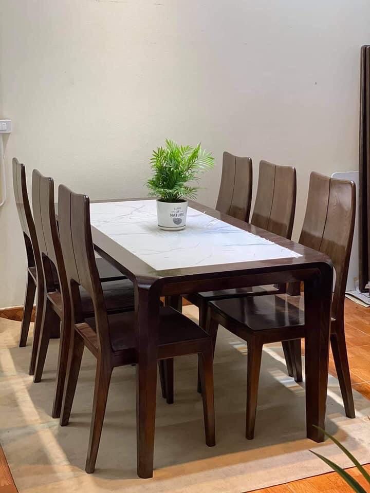bàn ăn gỗ sồi mặt đá giá rẻ 6 ghế